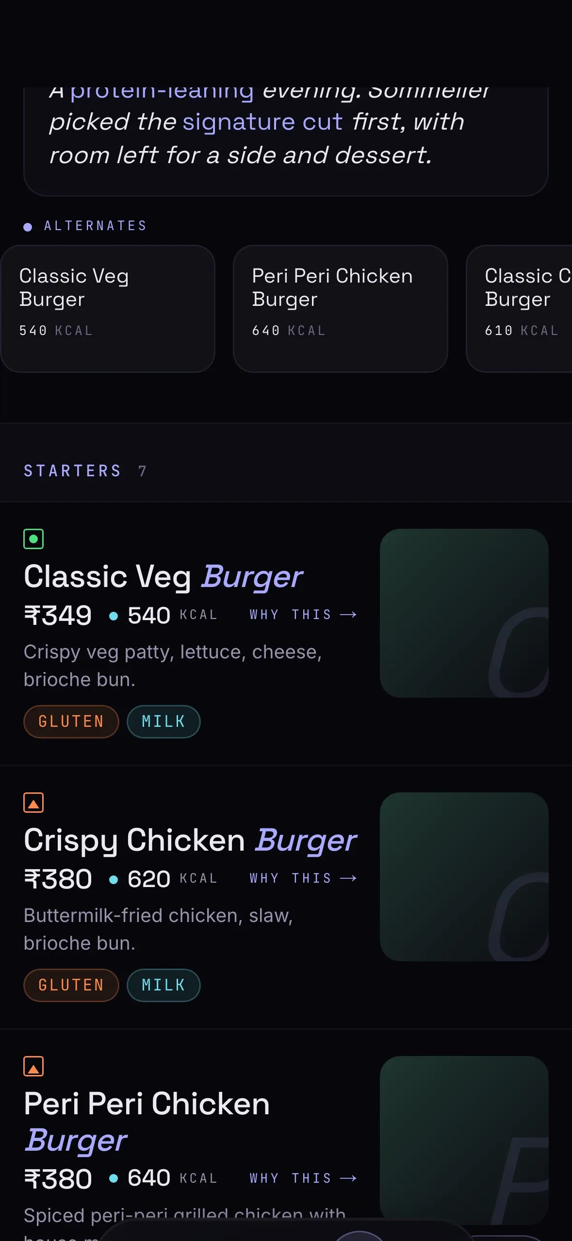 EdibleFactor AI Sommelier alternates strip and dish cards with WHY THIS reasoning and allergen badges