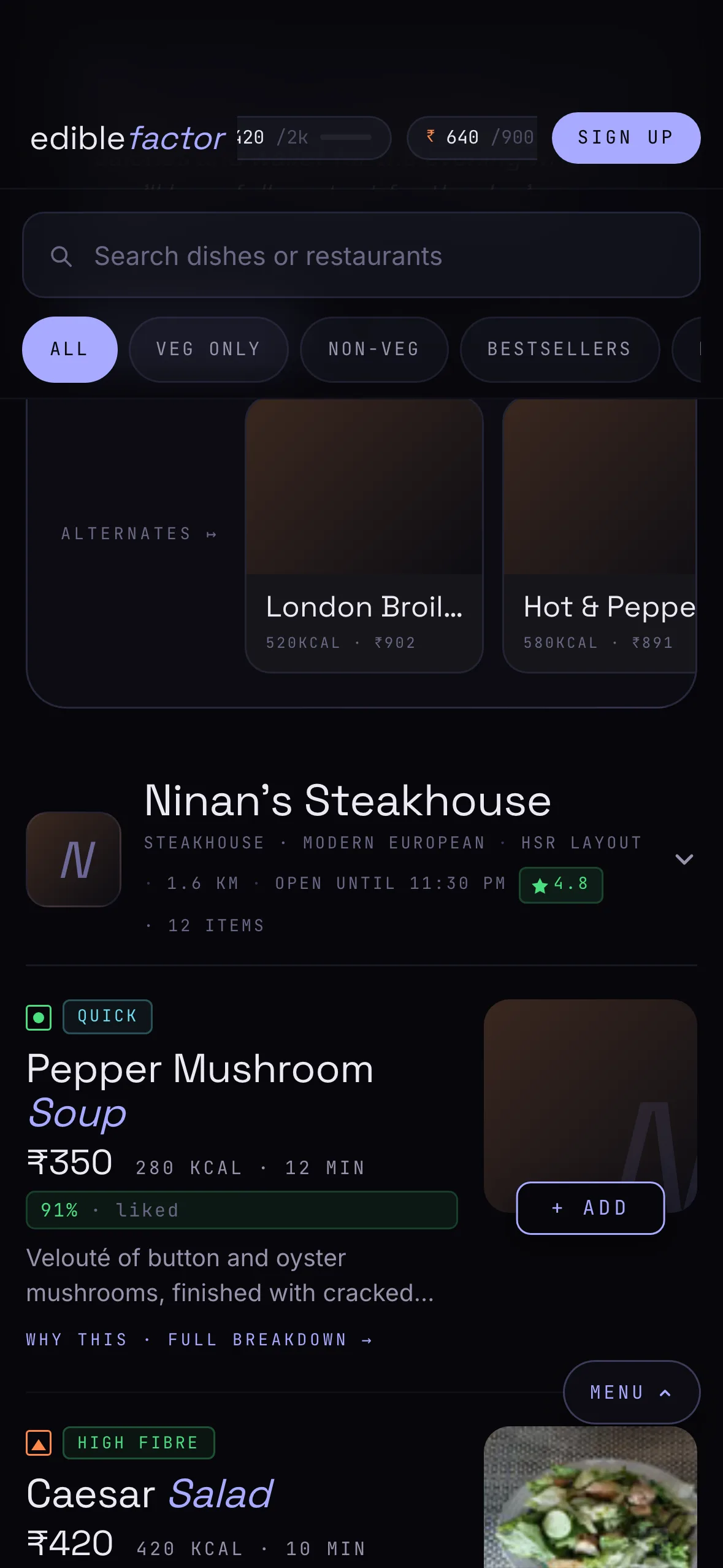 EdibleFactor menu detail: Ninan's Steakhouse with veg, non-veg, bestseller filter chips, alternates strip, and individual dish cards (Pepper Mushroom Soup, Caesar Salad) with calorie and price labels